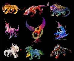 This image has 9 different dragon forms, all spaced equally apart with 3 rows of 3. Each dragon has a distinct color, with different animal parts. Each dragon also has a growling look on their face to show their strength. They have a spiritual look to them as well because they are of mighty power in Chinese culture.