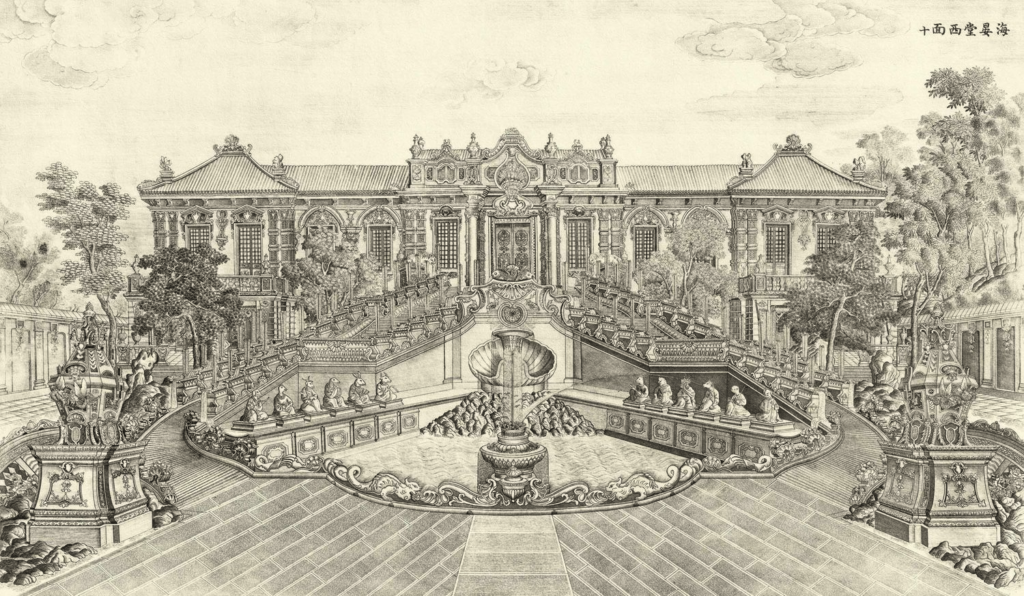 This image has detailed pen work of the architecture of the Old summer palace. In the center of the image there is the palace itself with many windows and trees surrounding it. On both sides of the front door, there are stairwells that lead to the left or right, and meet at the center in the end of the stairwell at a water fountain, where you can then walk throughout the rest of the garden. Although this image is in black and white, you can feel the beauty of the image with all of the nature and detailed architecture.